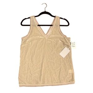 Tan Velvety Tank Top with Lace Fringe Detail